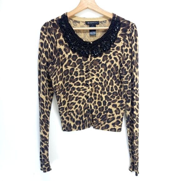 INC International Concepts Angora Blend Leopard Print Cardy with Beaded Collar - Picture 1 of 9